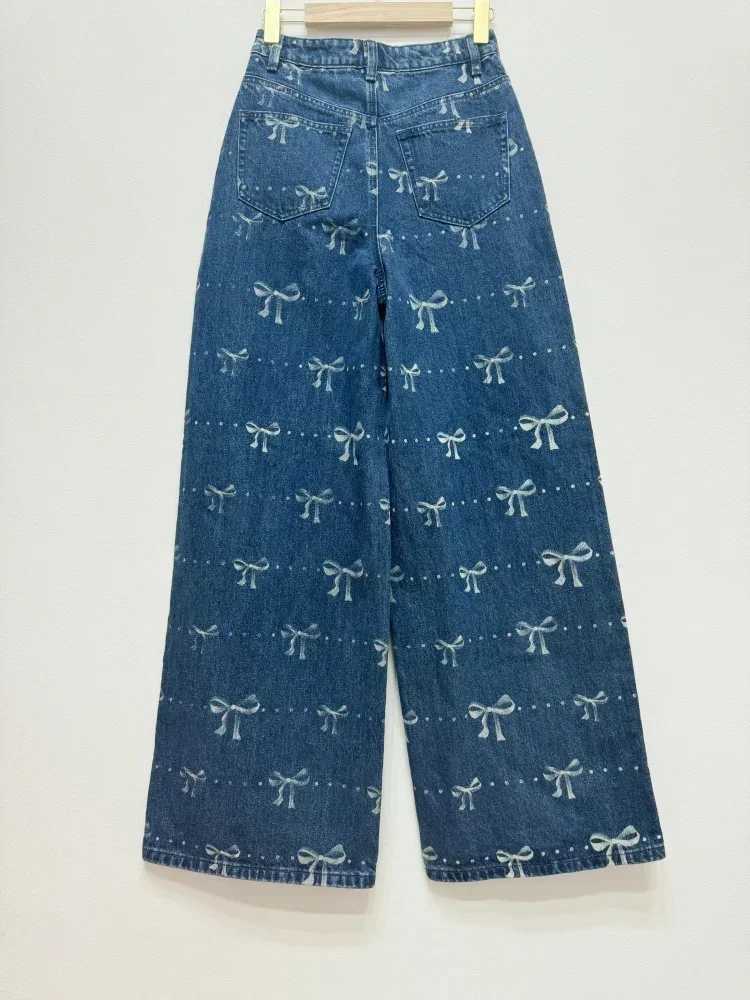 Women's Jeans Womens 2024 new bow decoration print wide leg fashionable denim Trouser H241130
