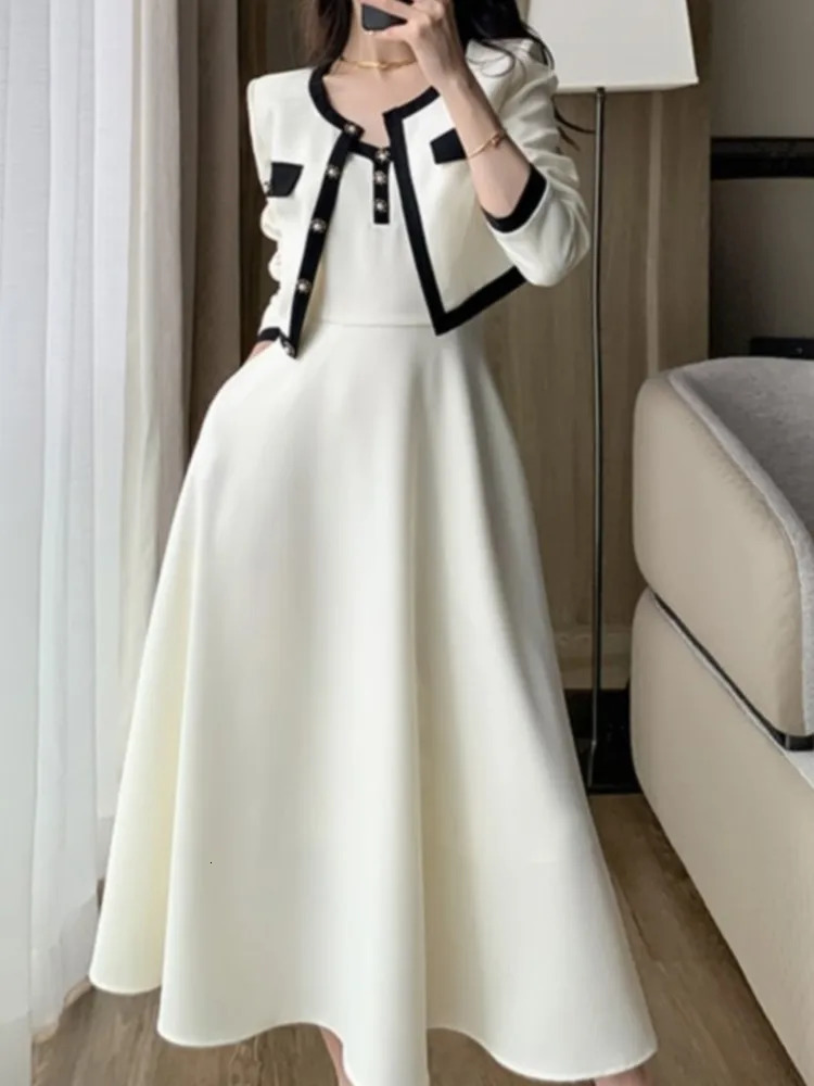 Women Short Coat ALine Midi Camisole Dresses Spring Elegant 2Piece Dress Set for Lady Slim Korean Fashion Female Suit 241129