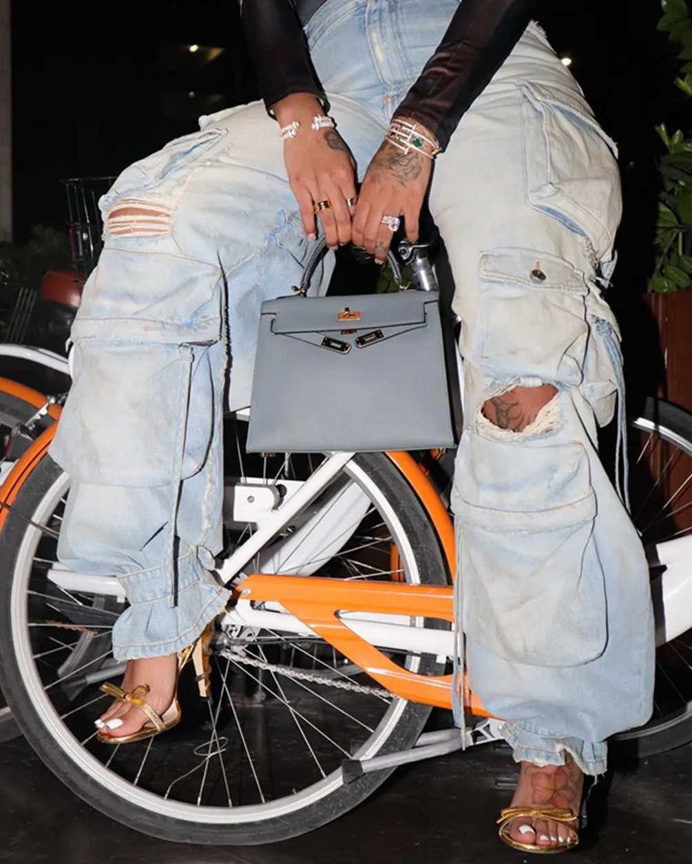 Women's Jeans Womens tight cargo jeans fashion retro T-shirt elastic jeans womens big tear multi pocket wide leg jeans H241130