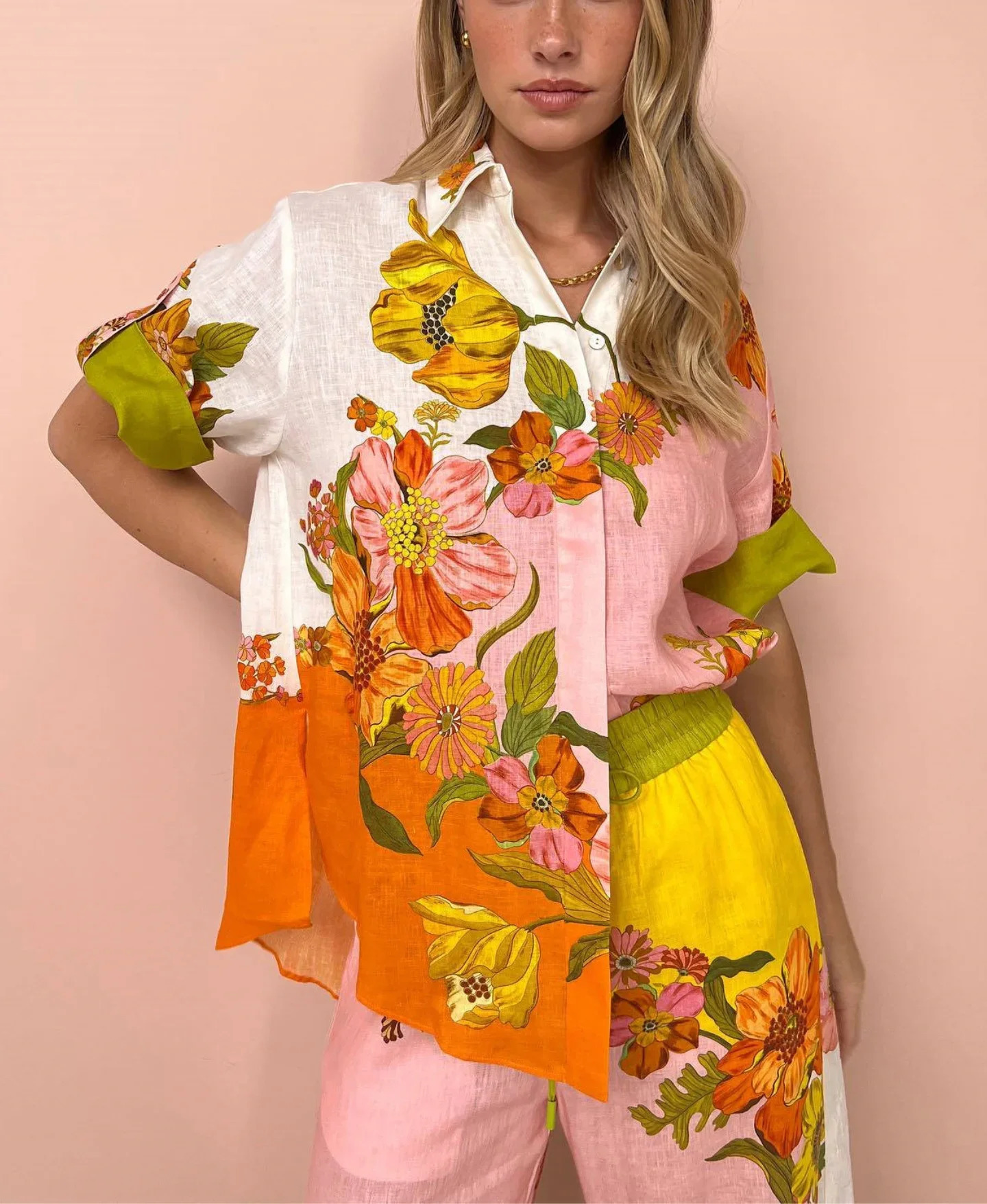 Casual Women Fashion Print Turndown Collar Short Sleeve Vintage Shirt Loose Long Pants Blouse Suit Outfits Twopiece Set 241129