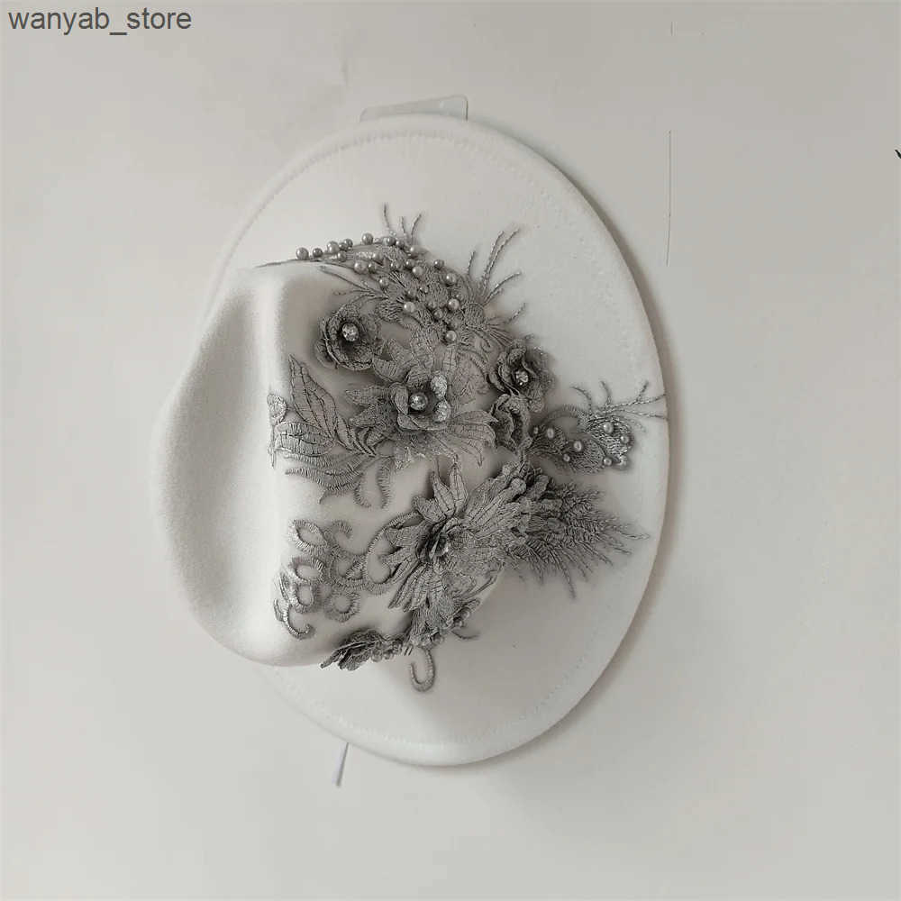 Wide Brim Hats Bucket Hats Embroidered three-dimensional flower fedora hat Womens jazz top hat Spring and autumn panama church fashion elegant wedding