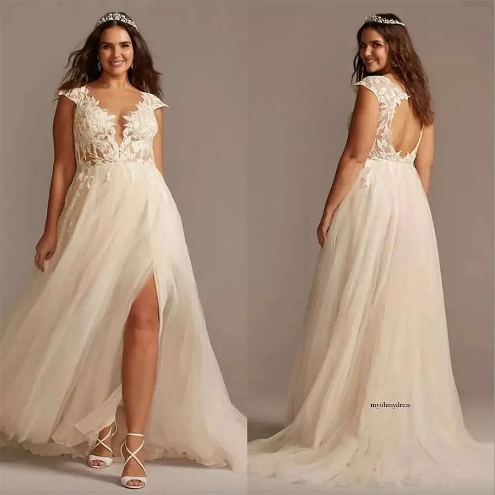 New Year's Cap Sleeve Lace Appliqued Plus Size Wedding Dresses 2023 Sexy High Slit Sweep Train Country Boho Beach Bridal Dress 0431