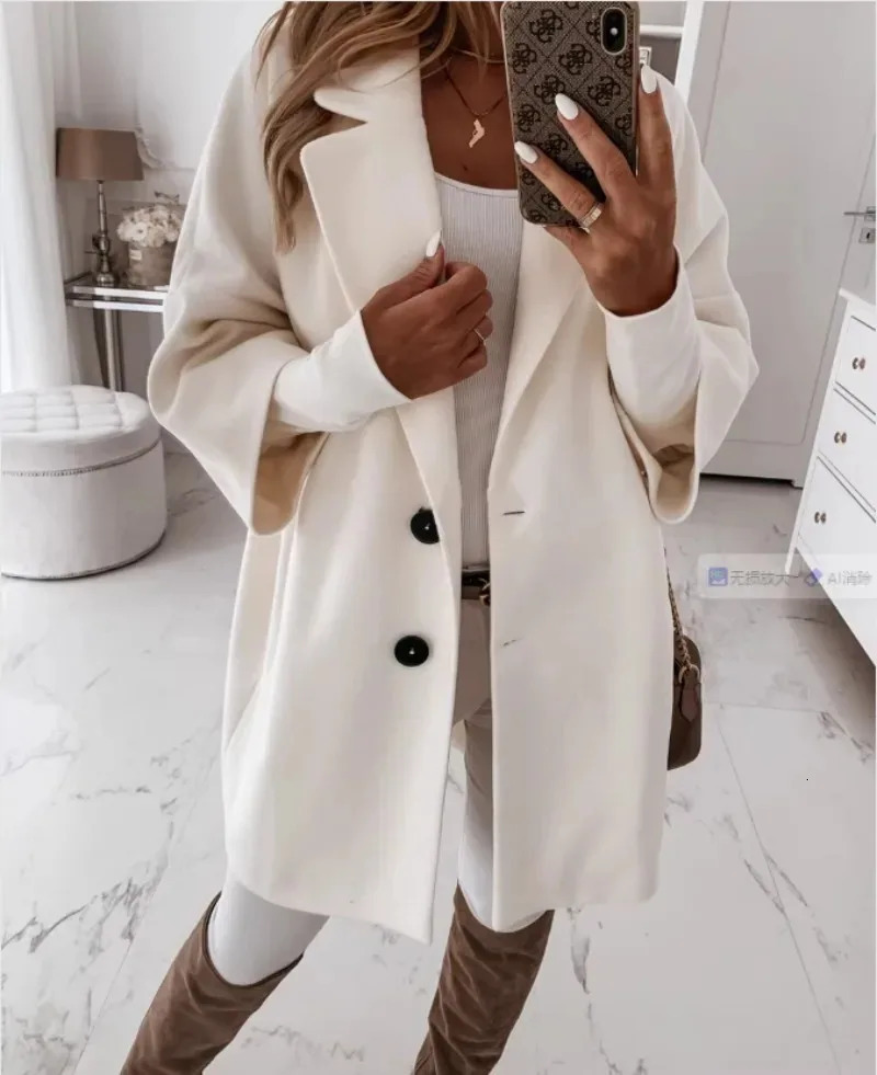 Autumn Winter Womens 34 Long Sleeve Button Lapel Pocket Woolen Warm Jacket Coat Solid Color Minimalist and Versatile 241121