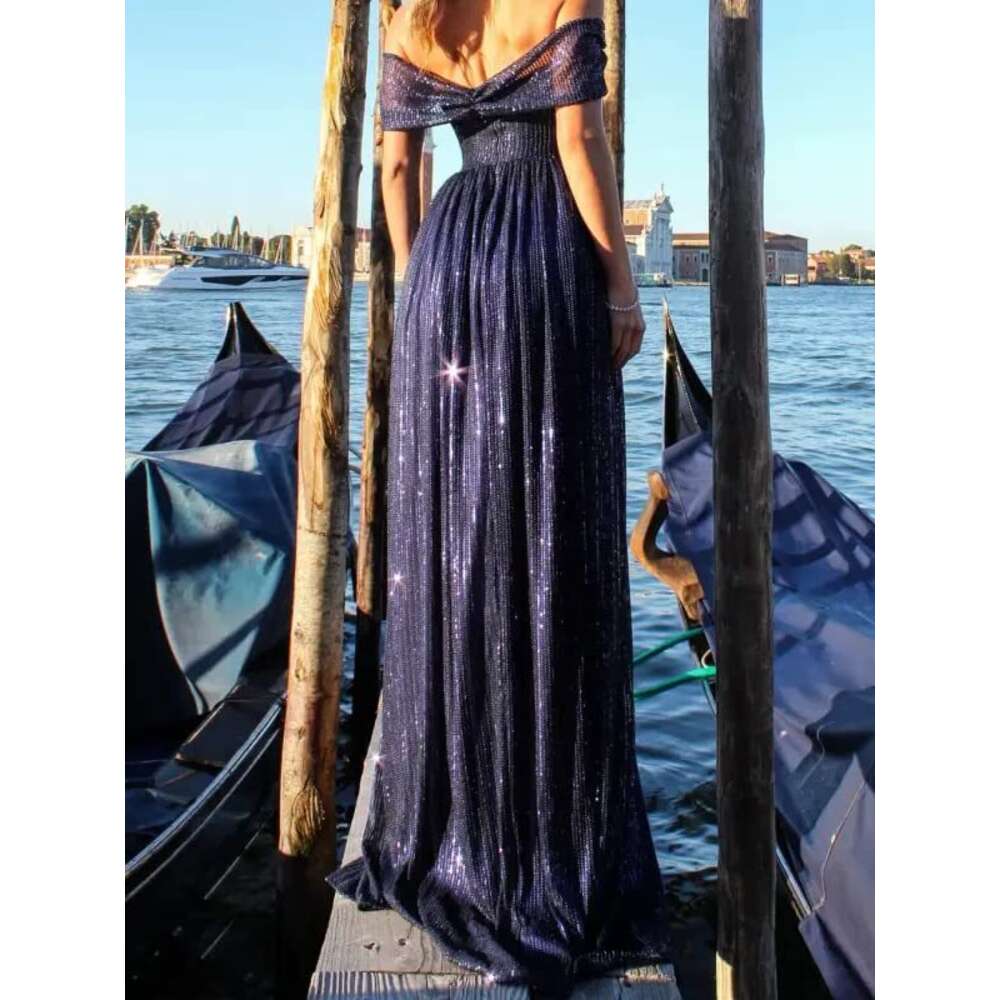 Shoulder Ruched Off Neck Sequin Prom Dresses for Women A Line Formal Evening Gowns with Split prom AMZ MZ