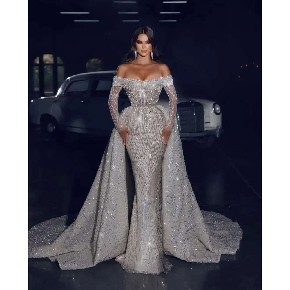 Wedding Sleeves Bateau Long Sparkling Off Shoulder Sequins Appliques D Lace Formal Dresses Detachable Bridal Gowns Sweep Train De Novia