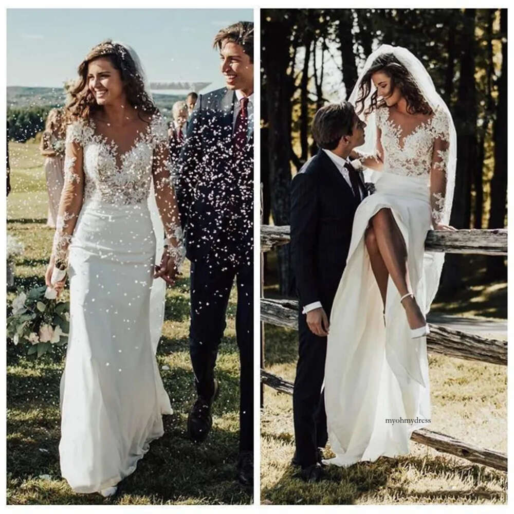 2021 Sexy Slim Bohemian Wedding Dresses Sleeves Lace Appliques Garden Bridal Gowns Customized Formal Long Robe De Mariee 0431