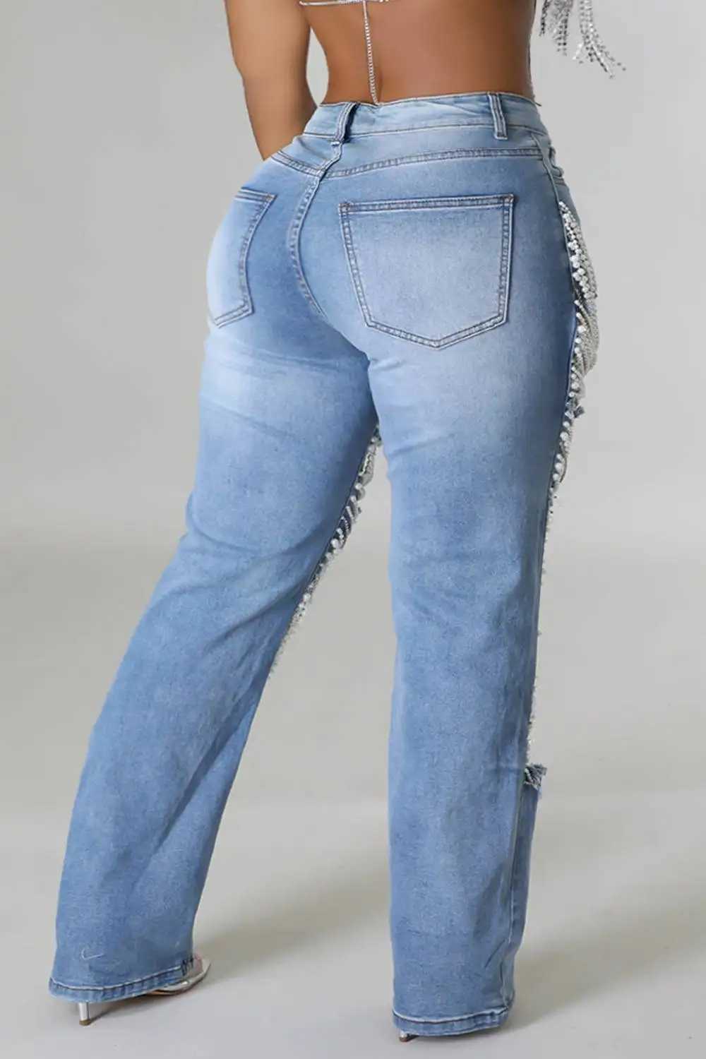 Women's Jeans Womens plus size pearl denim jeans with casual retro cut high waist Y2K Strtwear pearl denim jeans pocket ultra-thin denim Trouser 