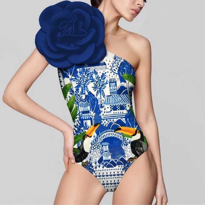 Women's Swimwear Blue Single-Shoulder Ruffled Print Floral Womens Swimsuit Set Cover Up Single One Piece Micro Monokini Sexy Swimwear For Girls H