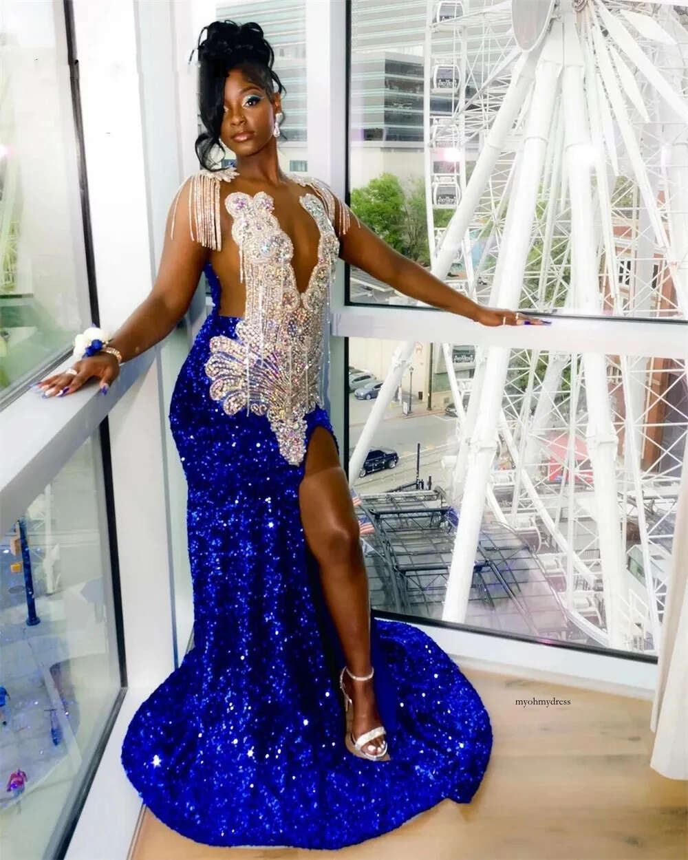 African Royal Blue Sequin Beadeds Prom Dresses For Black Girl 2024 Sparkly Gillter Front Split Mermaid Birthday Reception Gowns Robe De Bal 0431