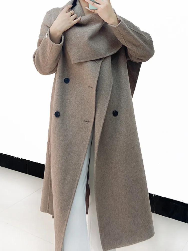 LANMREM Shawl Scarf Collar Wool Coat For Women Doublebreasted Solid Color Doublesided Woolen Belt Coats Winter 2R4921 241129