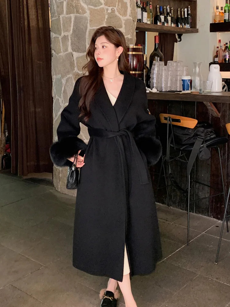 BJTZ 2024 Autumnwinter Doublesided Cashmere Coat Womens Long Detachable Fur Sleeve Woolen Fashion Temperament 241129