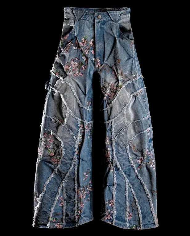 Women's Jeans Clothing jeans Y2K mens Harajuku hip-hop cherry blossom embroidery retro patch heavy-duty bag style jeans high waist wide leg Trous