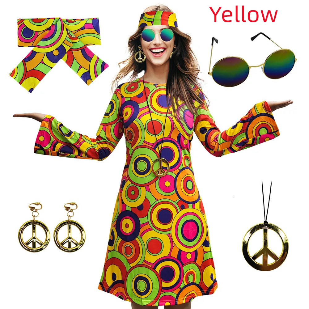 5pcs Set 60s 70s Women Hippie Costume Accessories Hippie Disco Dress Halloween Boho Flared Hippie Dress 240415
