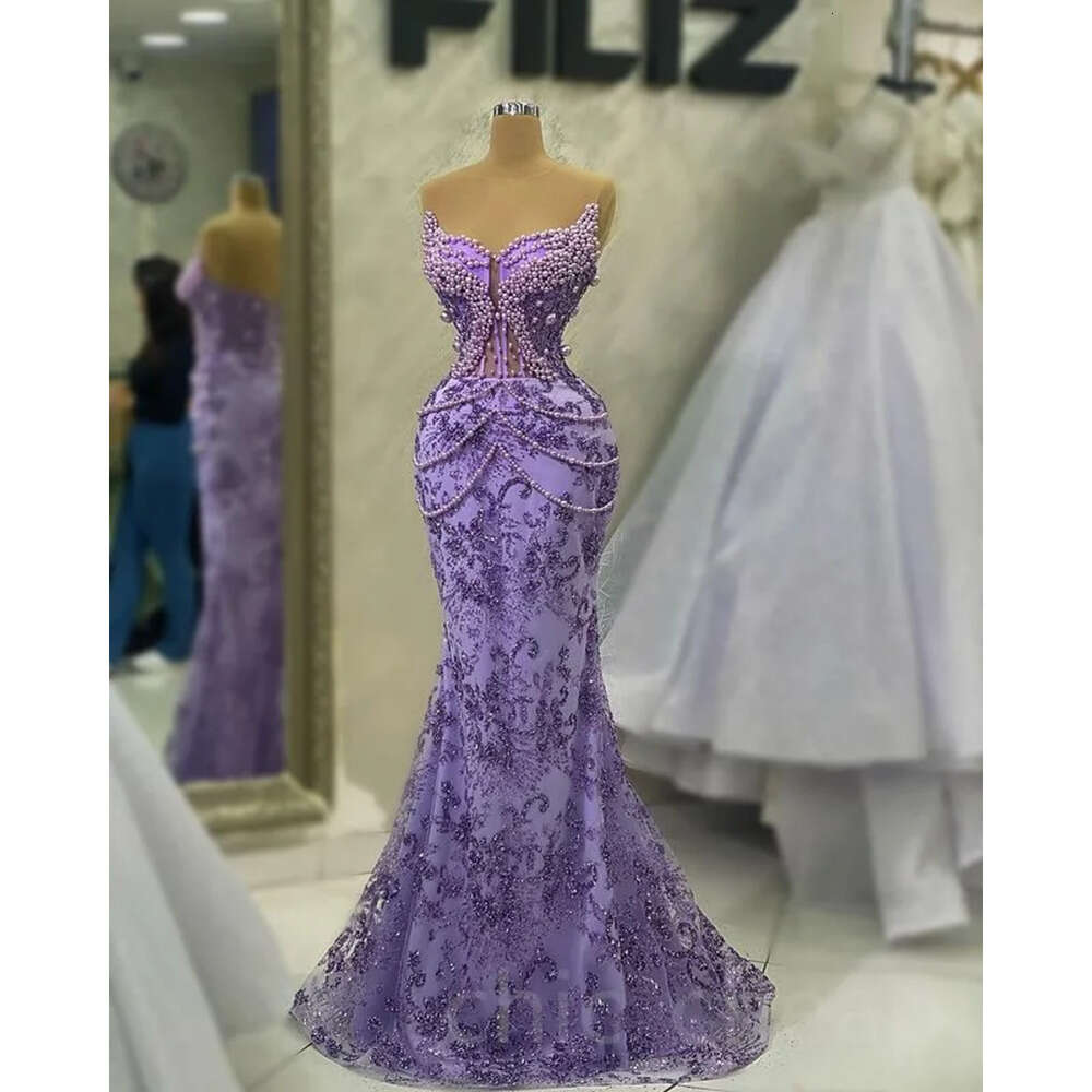 Mermaid Aso Lavender April Ebi Prom Dress Pearls Sequined Lace Evening Formal Party Second Reception Birthday Engagement Gowns Dresses Robe De Soiree 
