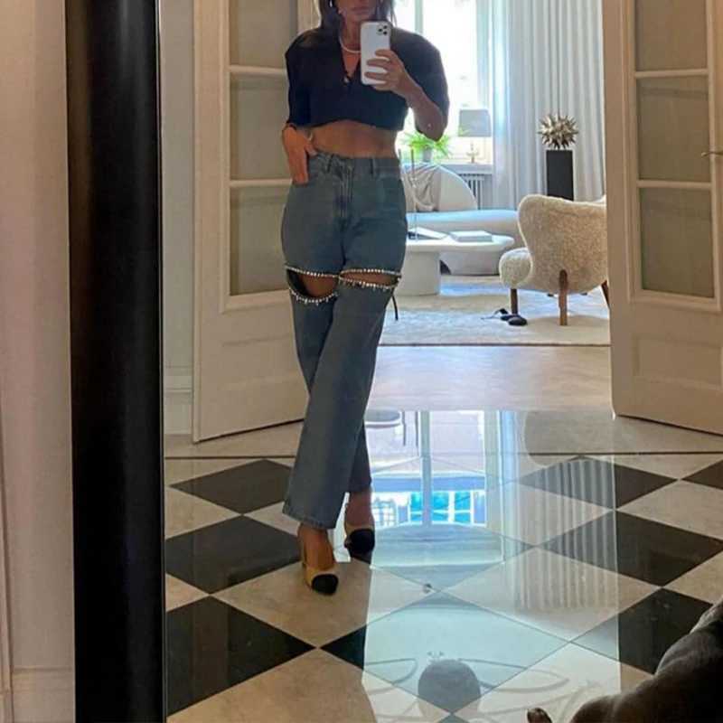 Women's Jeans BKLD Diamond Cutout Design Fashion Jeans for Women 2024 Strt Style High Waist Pocket Straight Hole Jeans for Women Fashion H241130