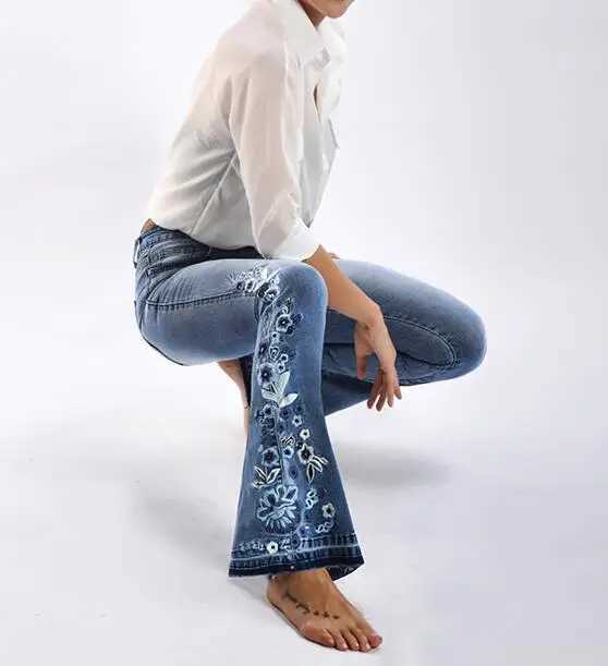 Women's Jeans Womens retro sparkling denim pants embroidered denim Trouser High Strt jeans elastic pleated hem pants H241130