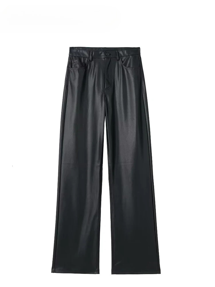 Woman Elegant Fashion High Waist Trouser Chic Straight Streetwear Wide Leg Pant Female Faux Leather Pants