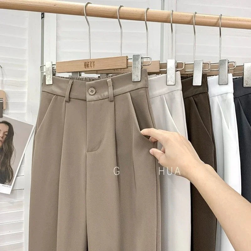 Fashion Elastic High Waist Pants Women Spring Casual Loose Solid Straight Trouser Office Ladies Work Nine Points Suit Pant 240430