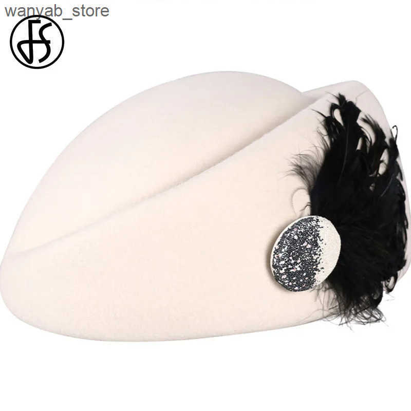 Berets FS French Wool White Black Beret Hats For Women Fashion Winter Felt Caps Feather Berets Femme Stewardess Church Hat Fedoras L240910
