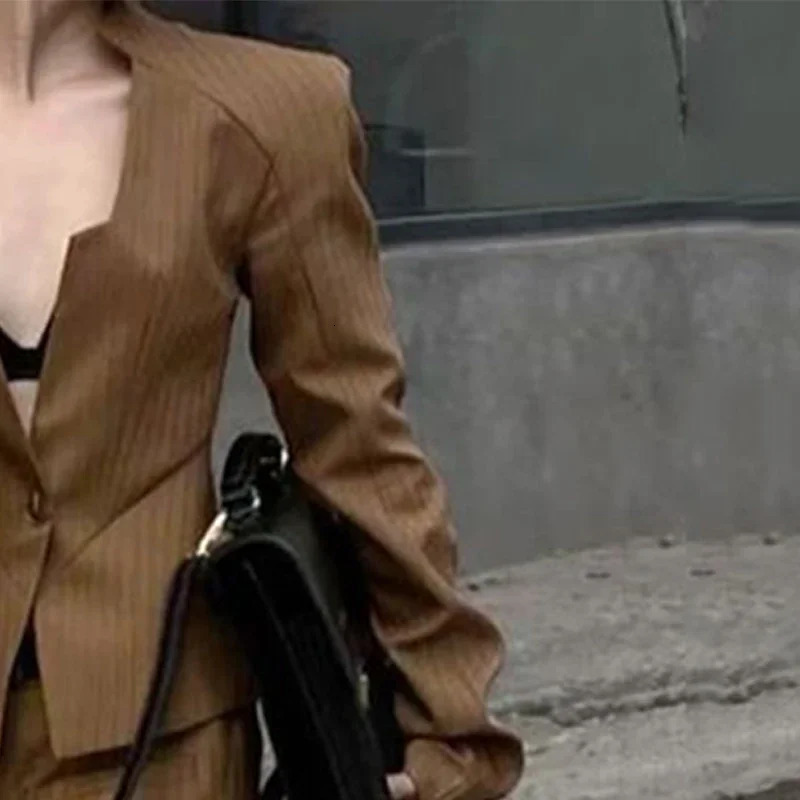 Gymystars Two Piece Trousers Set Striped Pants Blazer Outerwear VNeck Loose Buttoned SplitJoint Wide Leg Suit Famale Clothing 241129