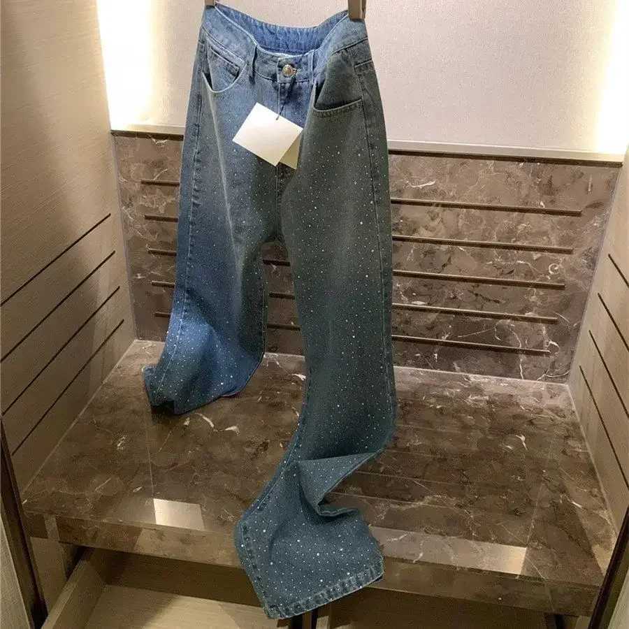Women's Jeans Starry Hot Rhinestone Shining Diamond High Waist Jeans for Women Autumn New Loose Casual Laundry Straight Leg Pants H241130