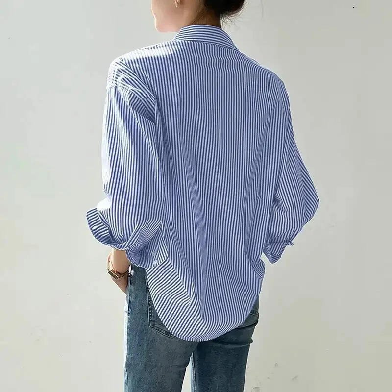 Women Spring Summer Blouses Shirts Lady Fashion Casual Long Sleeve Turndown Blue Stripes Blusas Tops 241121