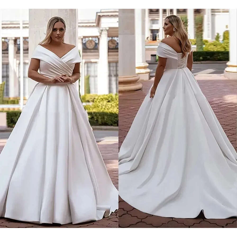 Off Plus Neck Size V Shoulder A Line Wedding Dresses Simple White Satin Elegant Bridal Gowns With N Lace Up Back Bride Robes Vestidos De Novia Estidos