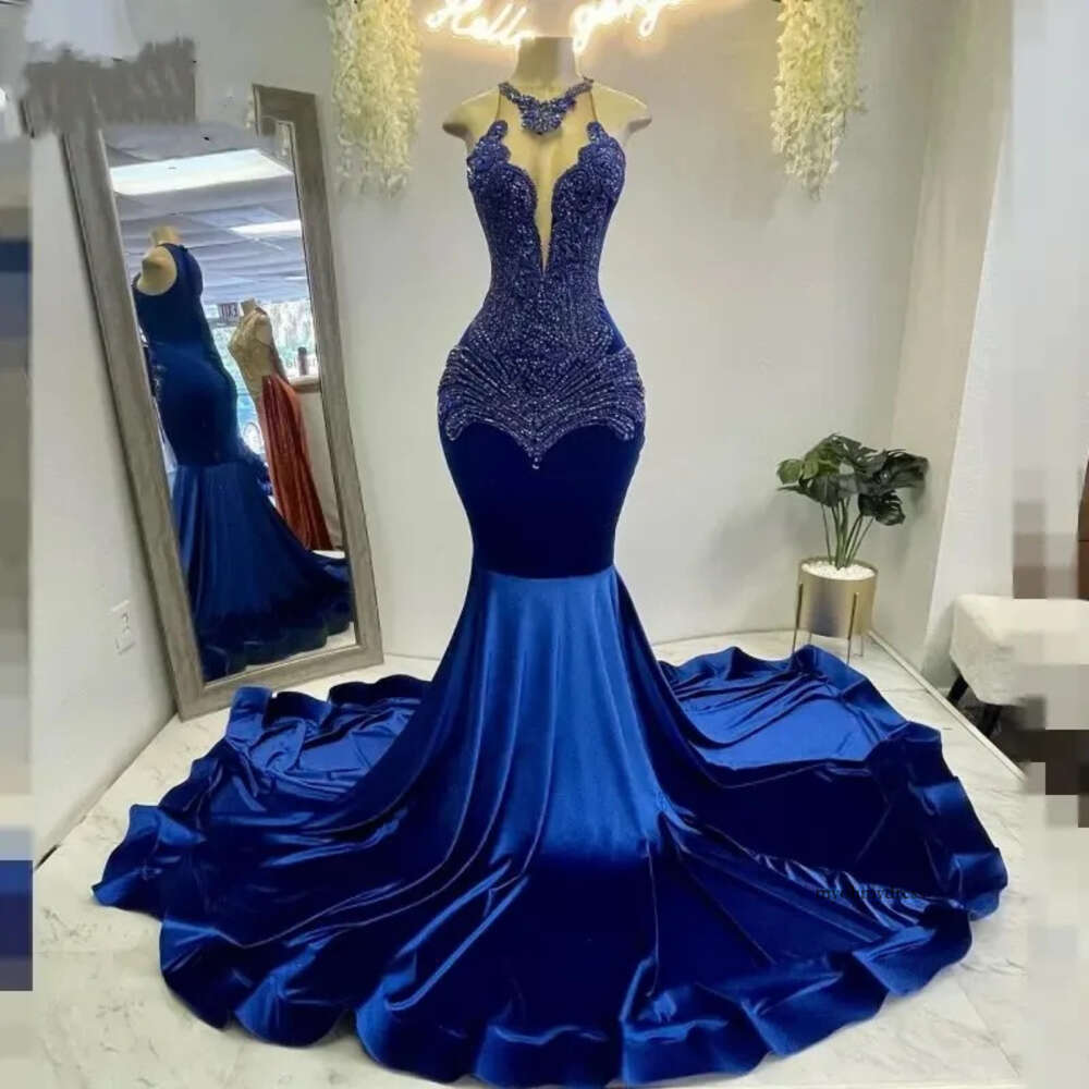 Sexy Royal Blue Veet Vestidos Gala Mermaid Prom Dresses For Black Girls 2024 Crystal Robe De Soiree Evening Birthday Party Gowns 0431
