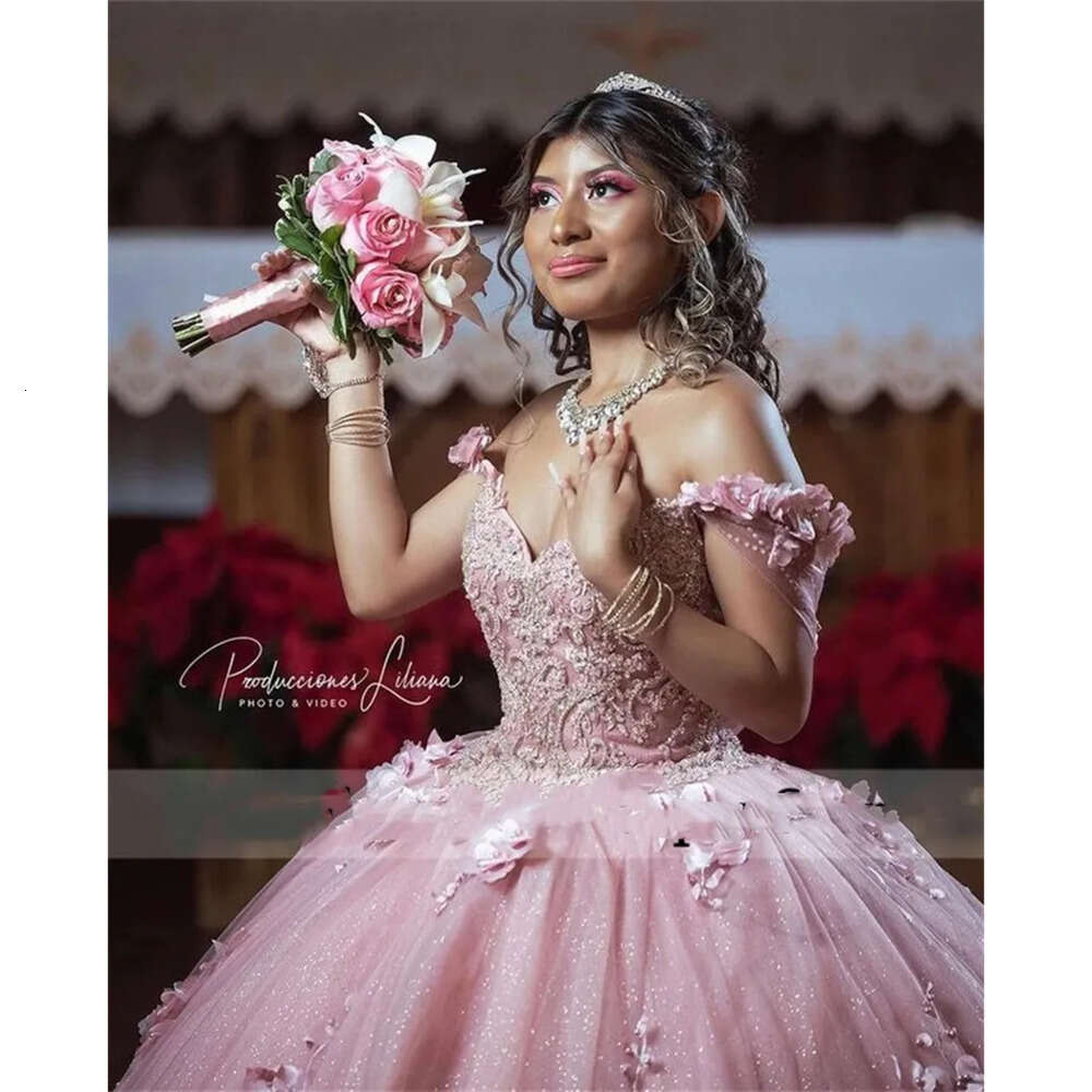 Ball Gown Quinceanera Pink Princess Dresses D Wers Applique Pearls Sweet Dress Birthday Vestidos De Anos Lace Up ress e