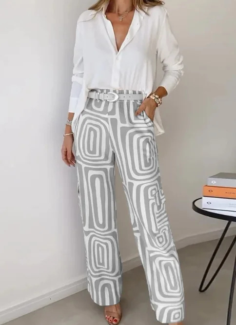 Leisure Womens Set 2024 Spring and Autumn High end Sentiment Printed Temperament Shirt Loose Pants Two piece 241129