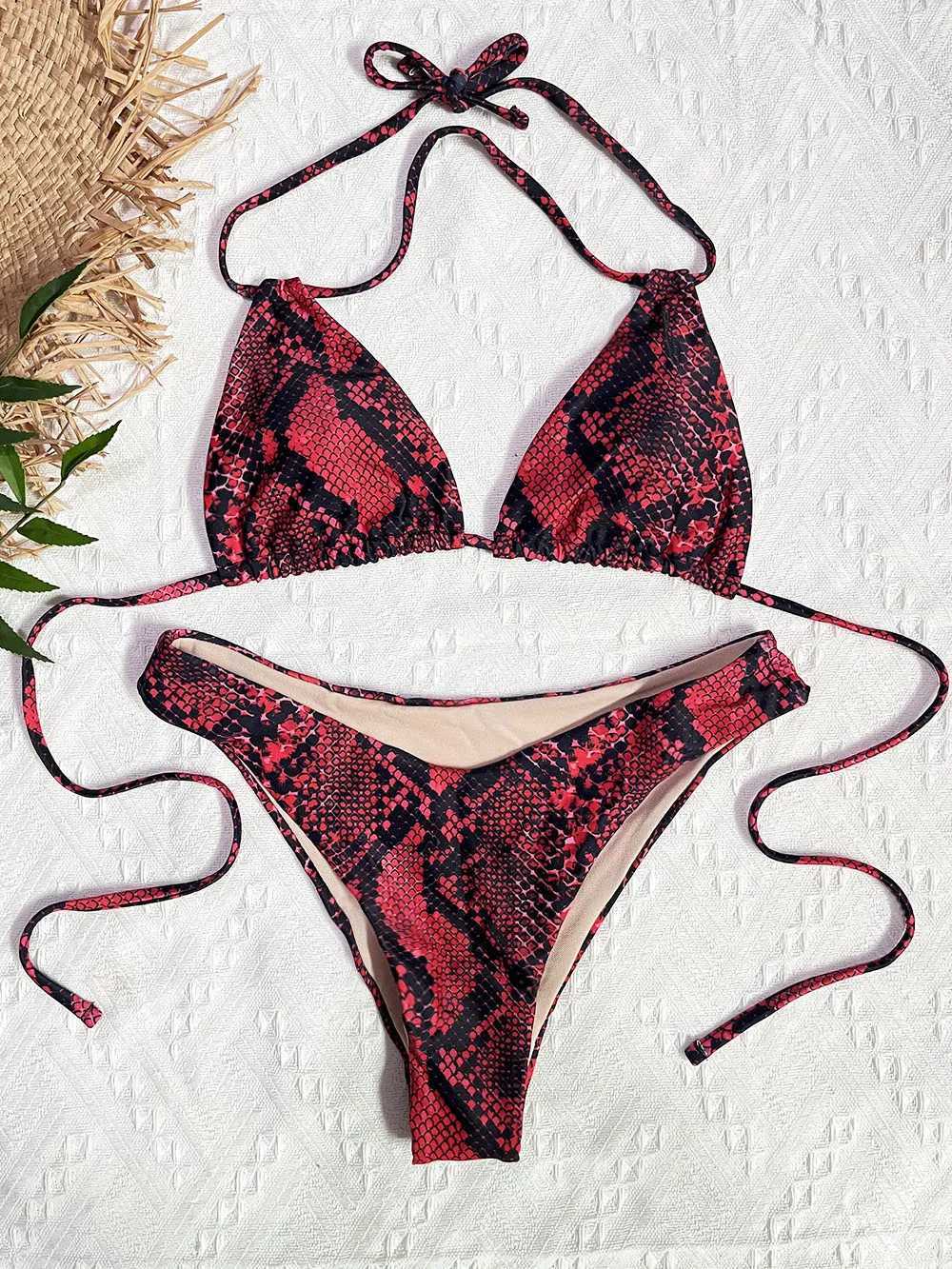 Women's Swimwear Womens clothing sexy snake swimsuit womens bikini swimsuit Brazilian suit bikini pad printed push up grn red H241130