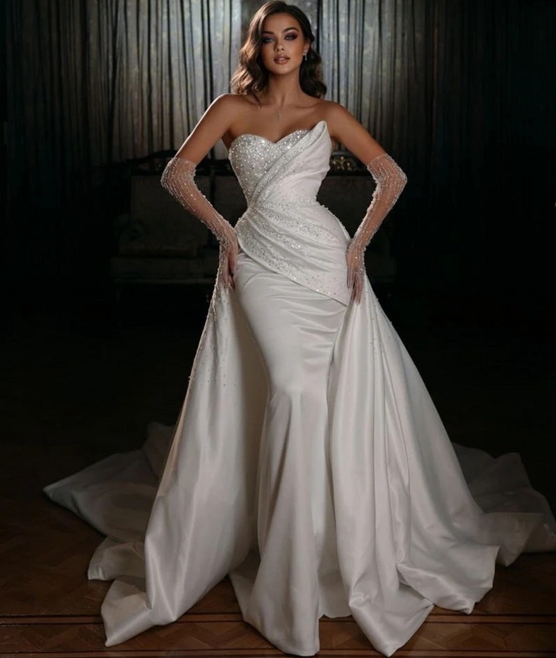 2204 Luxurious Mermaid Wedding Dress Sweetheart Beads Sequins Pleats Satin Bridal Gowns Customize To Measures Robe De Mariee Vestidos De Noivas