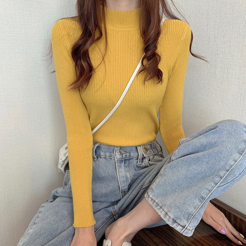 New semi high neck bottom women's long sleeved inner layer new pullover versatile slim knit designer sweater
