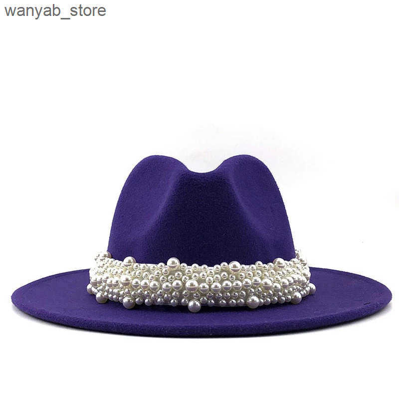 Wide Brim Hats Bucket Hats Women Men Wool Fedora Hat With Pearl Ribbon Gentleman Elegant Lady Winter Autumn Wide Brim Church Panama Sombrero Jazz Cap 