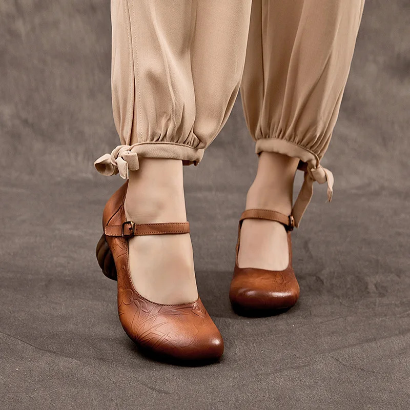 Retro Nostalgic Style Cowhide Womens Shoes All Genuine Leather Pumps 241126