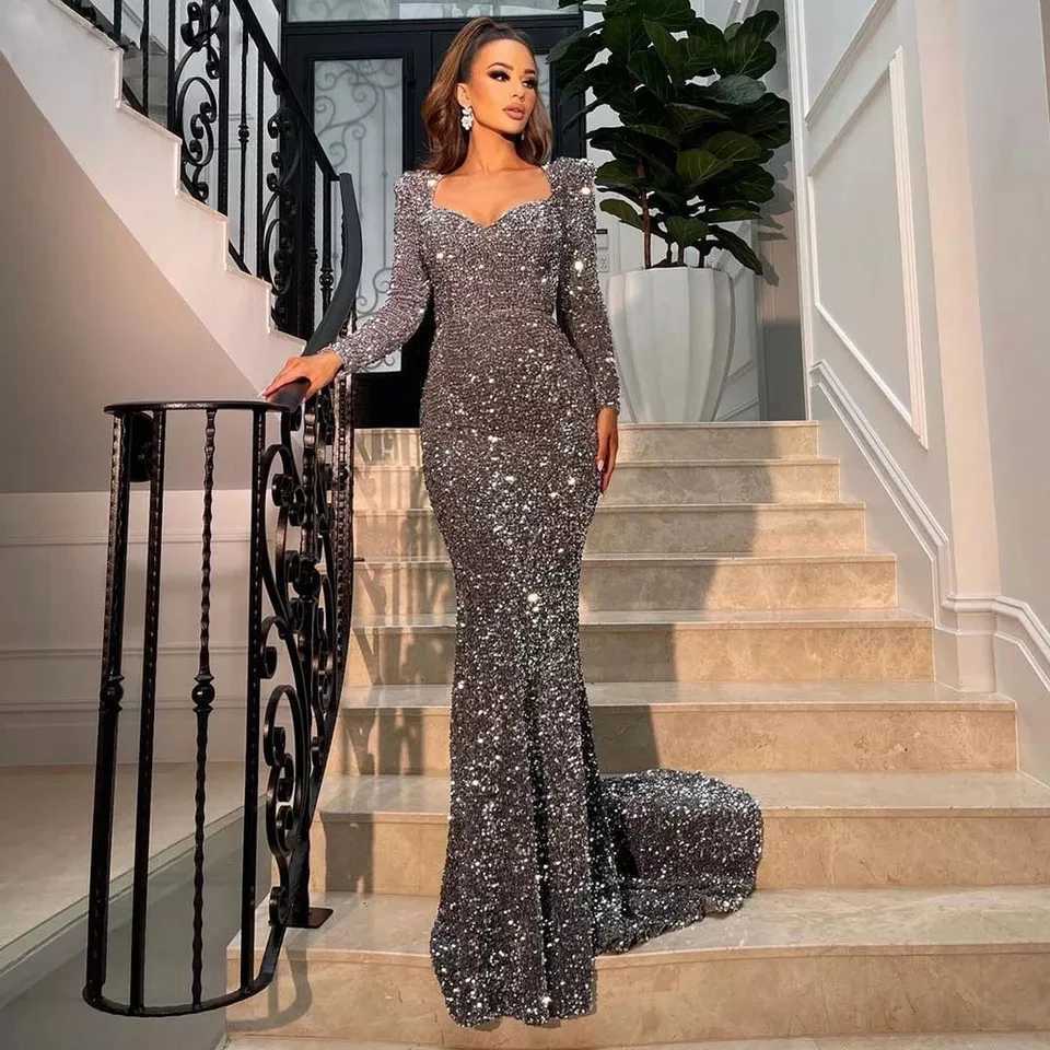 Runway Dresses Stretch Sequined Maxi Dress Full Slve V Neck Mermaid Evening Night Long Party Dress Grey Black Burgundy