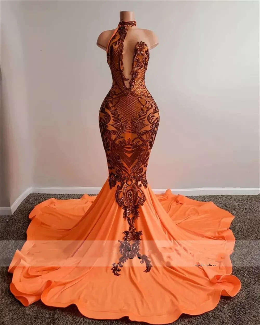 Sexy Aso Ebi Style Orange Mermaid Prom Dress 2022 For Black Girls Hlate Neck Sweep Train Plus Size Formal Evening Ocn Gowns Ruffles Robe De Bal 0431