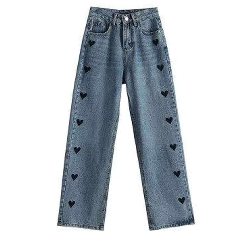 Women's Jeans Retro womens straight pants blue Personty high waisted jeans with heart-shaped print ultra-thin embroidery casual pants H241130