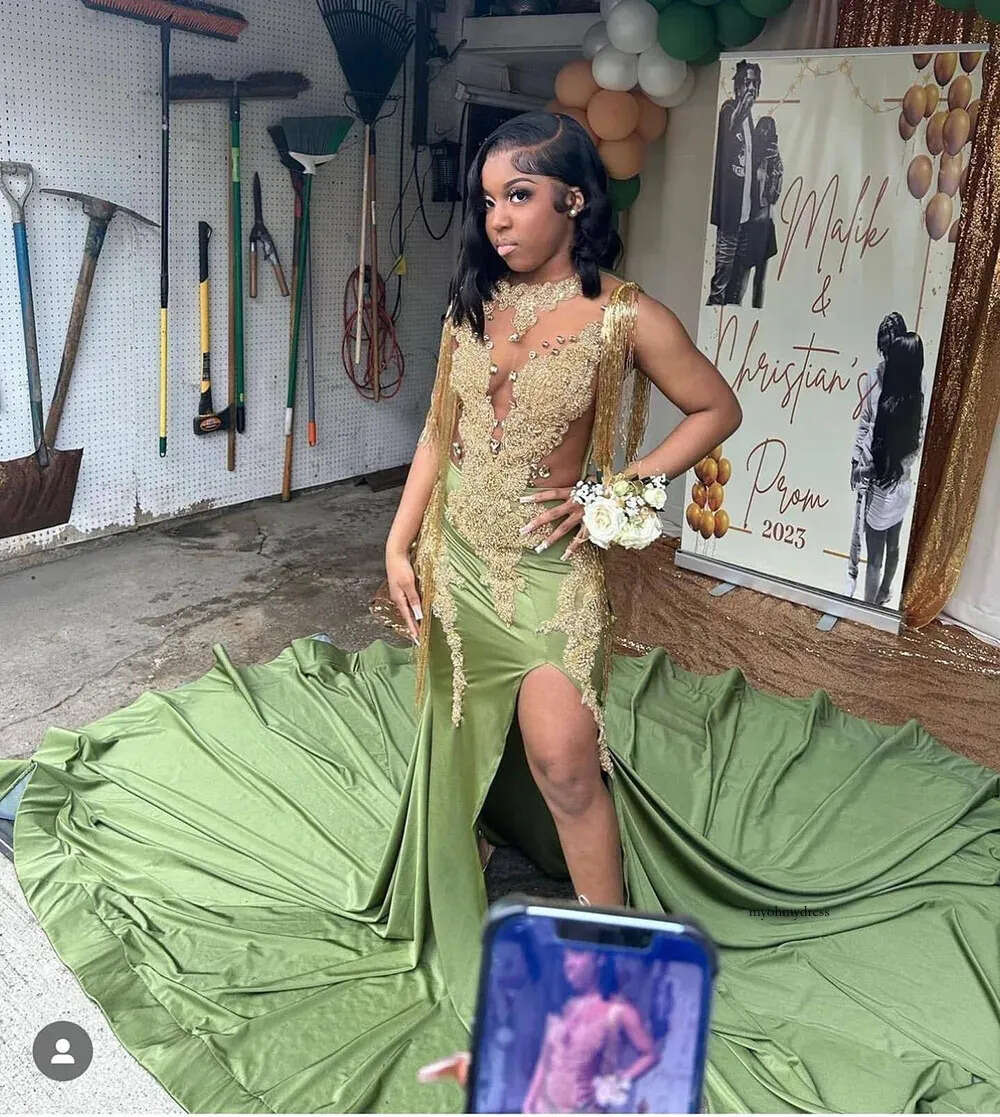 Sexy Olive Green Mermaid Prom Dresses 2024 With Gold Lace Front Split Beaded Sheer Neck Vestidos De Graduacion Evening Ocn Gowns 0431