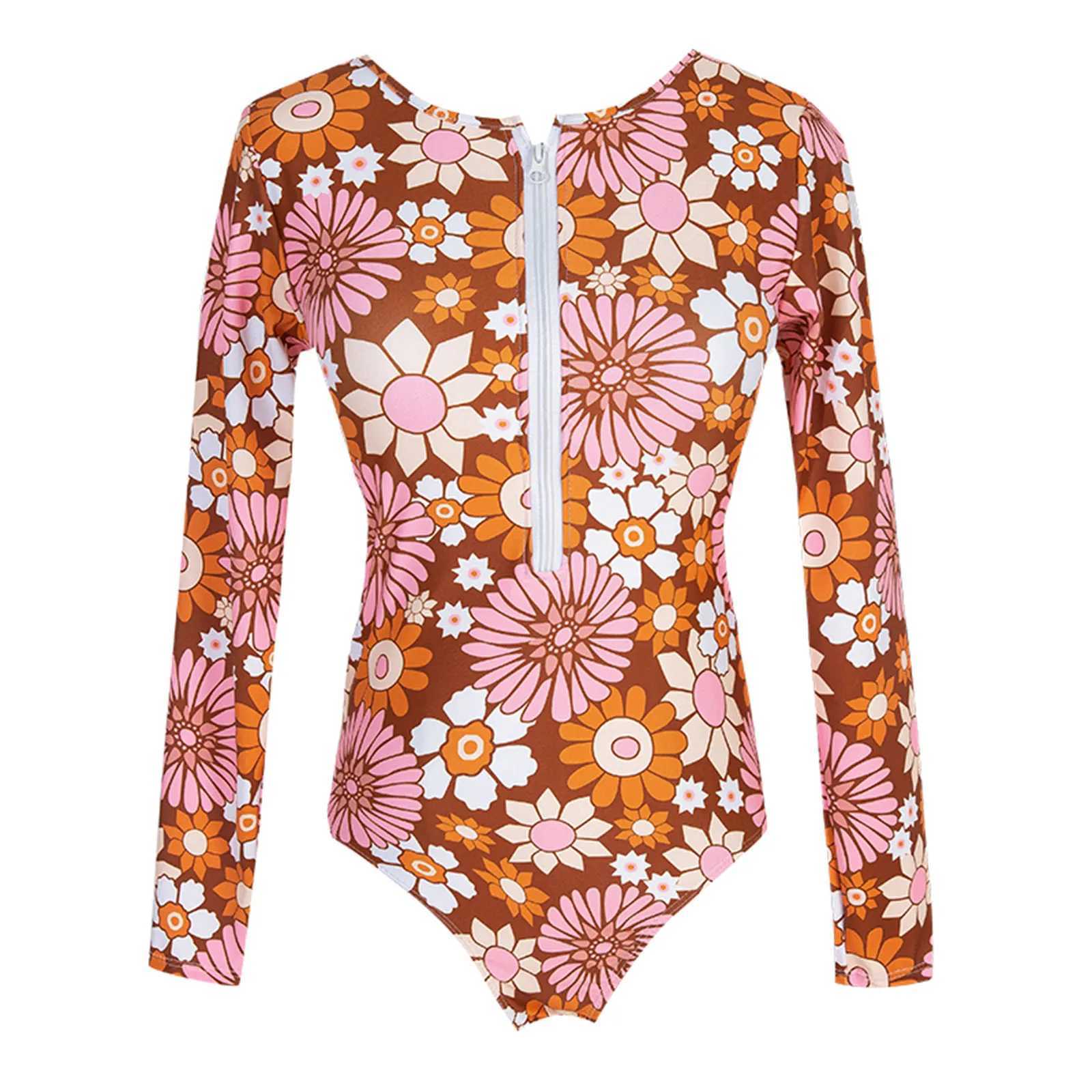 Women's Swimwear Womens Long Sleve Flower Single Piece Swimsuit Fashion Zipper Swimsuit Fashion Swimsuit Womens Swimsuit Beach Wear H241130