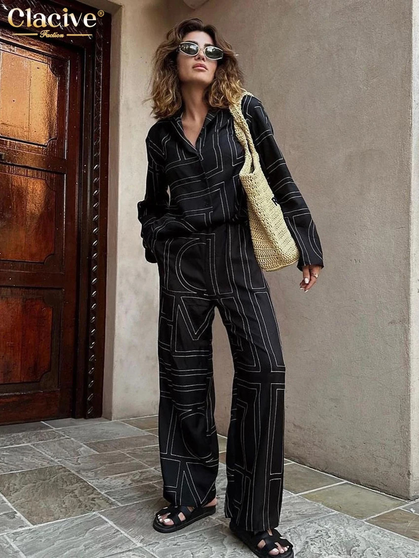 Clacive Fashion Long Sleeve Blouse 2 Piece Set Outfit Elegant Loose Print Pants Casual High Waist Wide Trousers Suits 241129