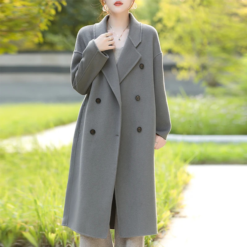 Autumn and Winter HighEnd DoubleBreasted Coat Womens Long Loose Overknee 100Wool Korean Style Versatile Trench 241129