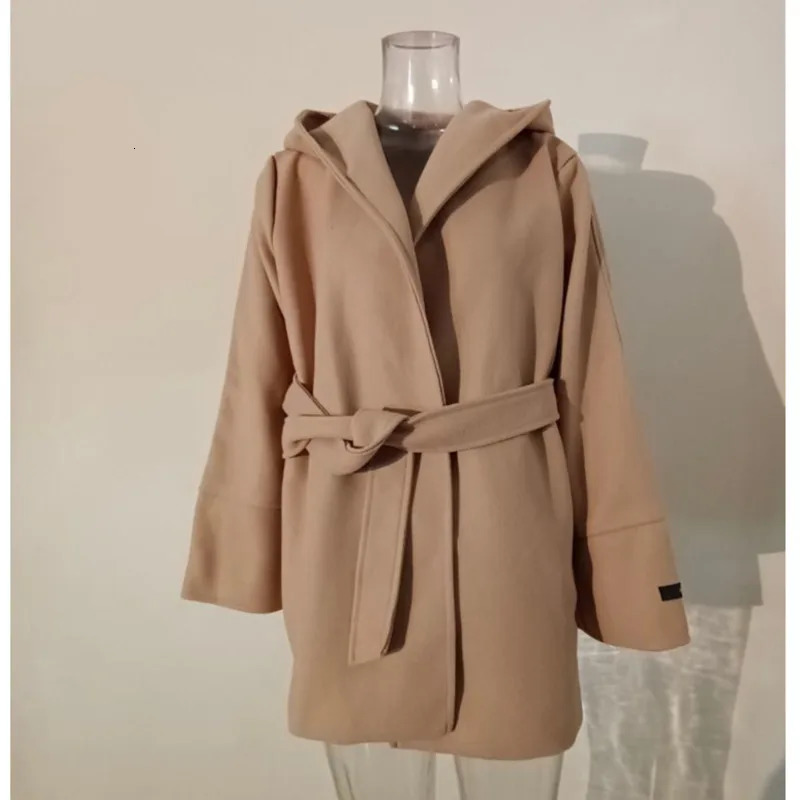 EWQ Elegant Women Faux Wool Coats Solid Cardigan Minimalist Hooded Woolen Coat Oversize Outwear With Belt 2024 autumn Winter 241129