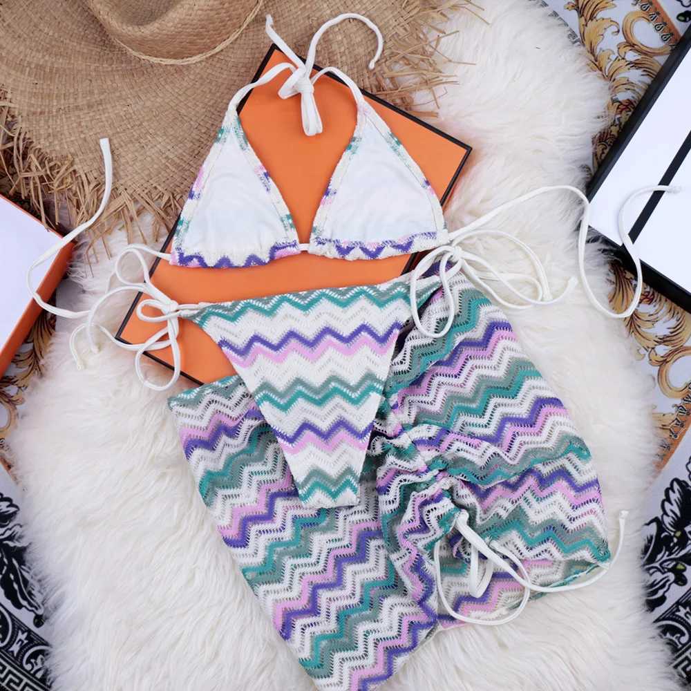 Women's Swimwear Colorful Ripples Bikini 2024 3-Piece Swimsuit Womens Swimsuit Brazilian Bikini Set Ruched Skirt Beachwear H241130