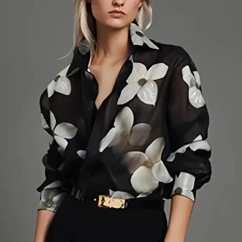 Spring Summer Long Sleeves Loose Floral Printed Lapel Blouses 2024 Casual Button Office Shirts For Urban Lady 241121