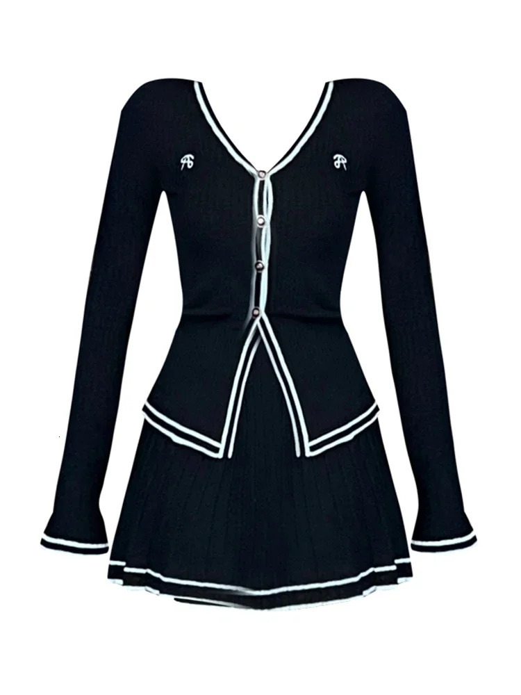 Fall Women Korean Vintage Slim Mori Girl Knit Birthday Outfits 2 Piece Set Long Sleeve Singlebreasted Top Gyaru Mini Skirt 241129