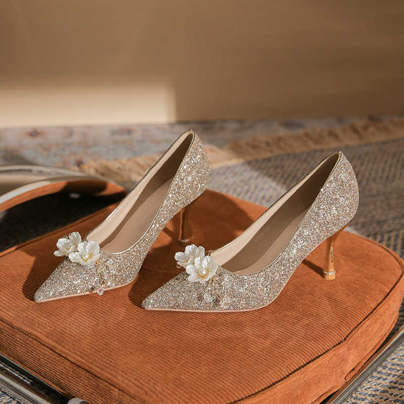 Fashion Glitter New Womens High Heels Thin Heels Pointed Wedding Shoes Classic Shoe Flower Versatile Single Shoes