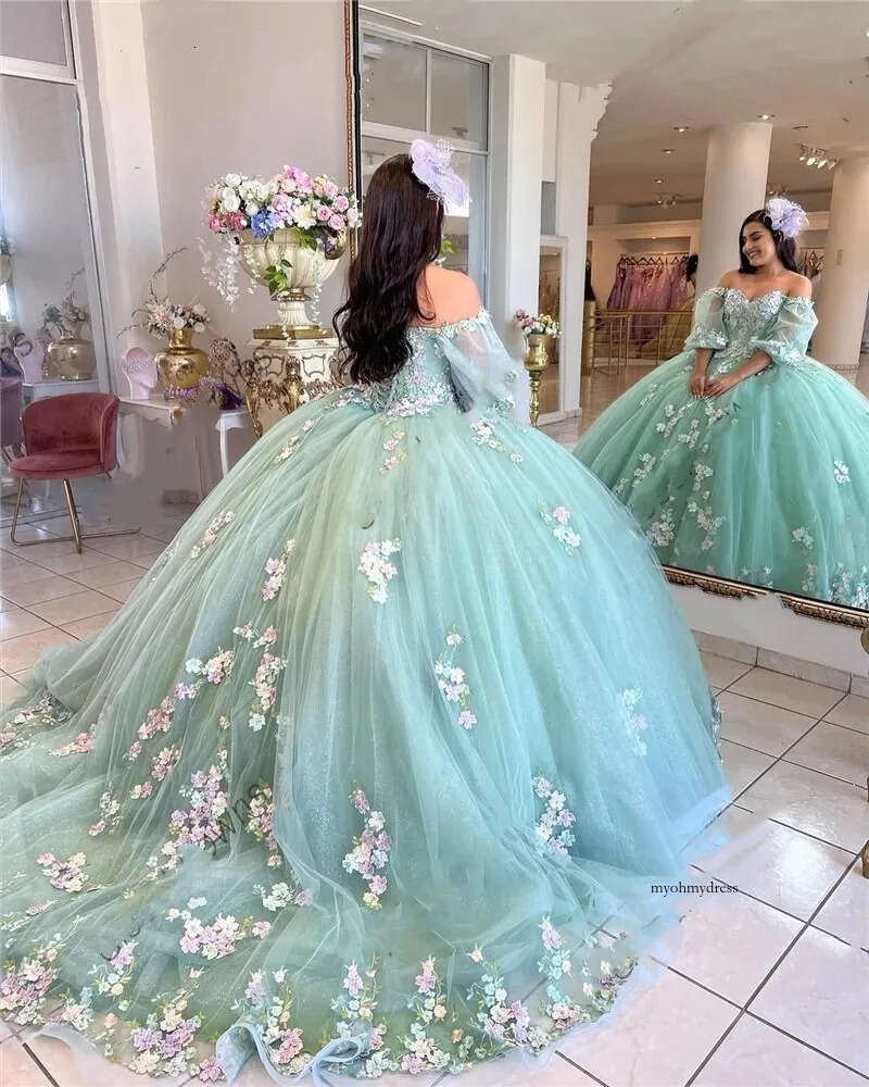 Mexico Green Sweetheart Quinceanera Dress Appliques Beaded Ball Gown Prom With Sleeve Vestidos De 15 Sweet 16 Birthday Party 0431