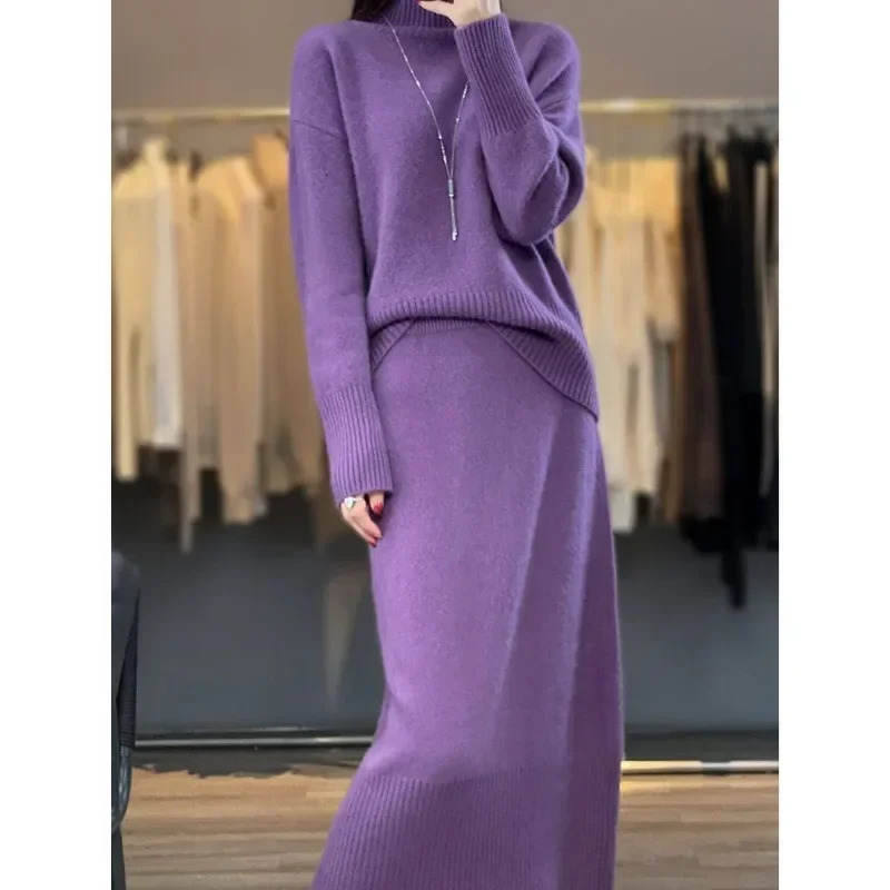 Womens High Collar Sweater Set 2024 AutumnWinter Style Solid Color Simple Leisure Head Base Knitted Dress 241129