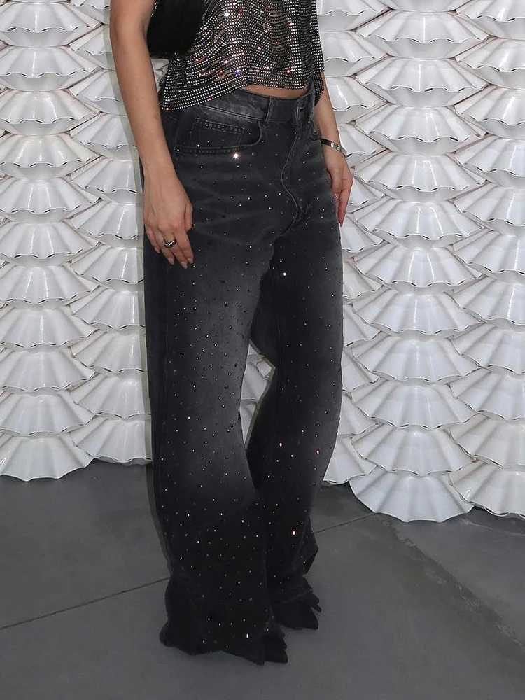 Women's Jeans Rockmore 2024 vintage womens jeans y2k with diamonds Distressed straight denim pants H241130